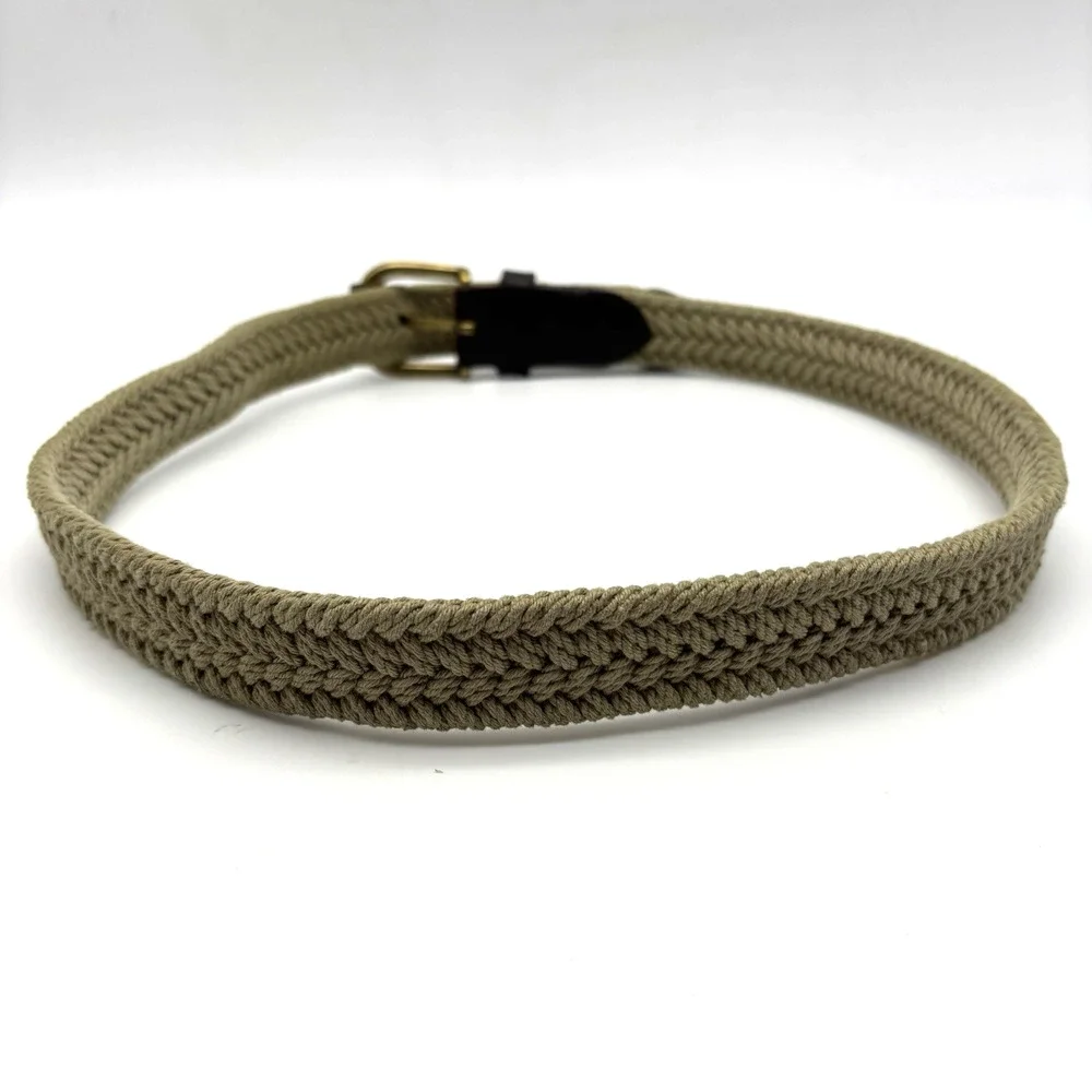 Vintage 90s Dockers 2593 Beige Woven Cotton Brown Leather Brass Buckle Belt 32